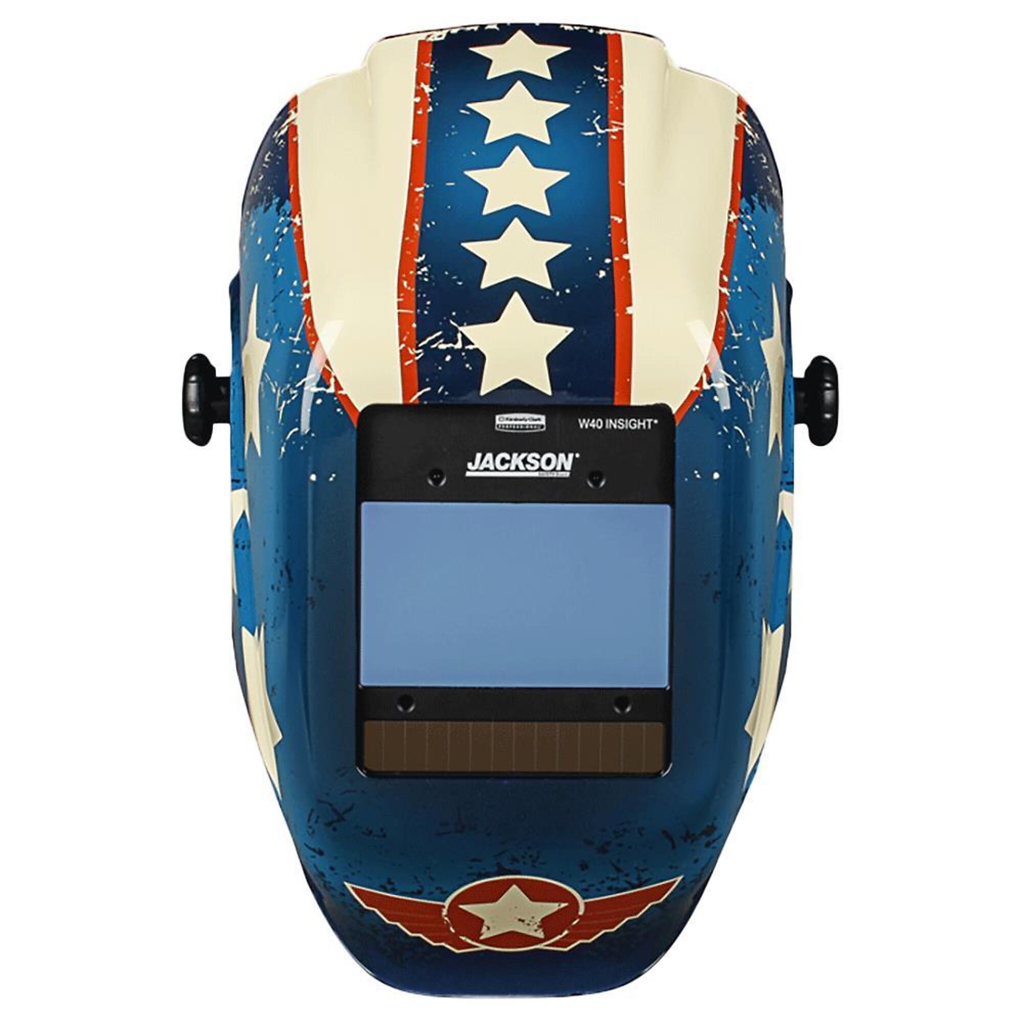 Jackson Safety® - Welding Helmet - Auto Darkening - Nylon - 3.94" x 2.36" Viewing Area - Shade 4/9-13 Insight® Variable ADF 1/1/1/1 - 370 Speed Dial Headgear - Stars & Scars Graphics - HLX 100 Ser